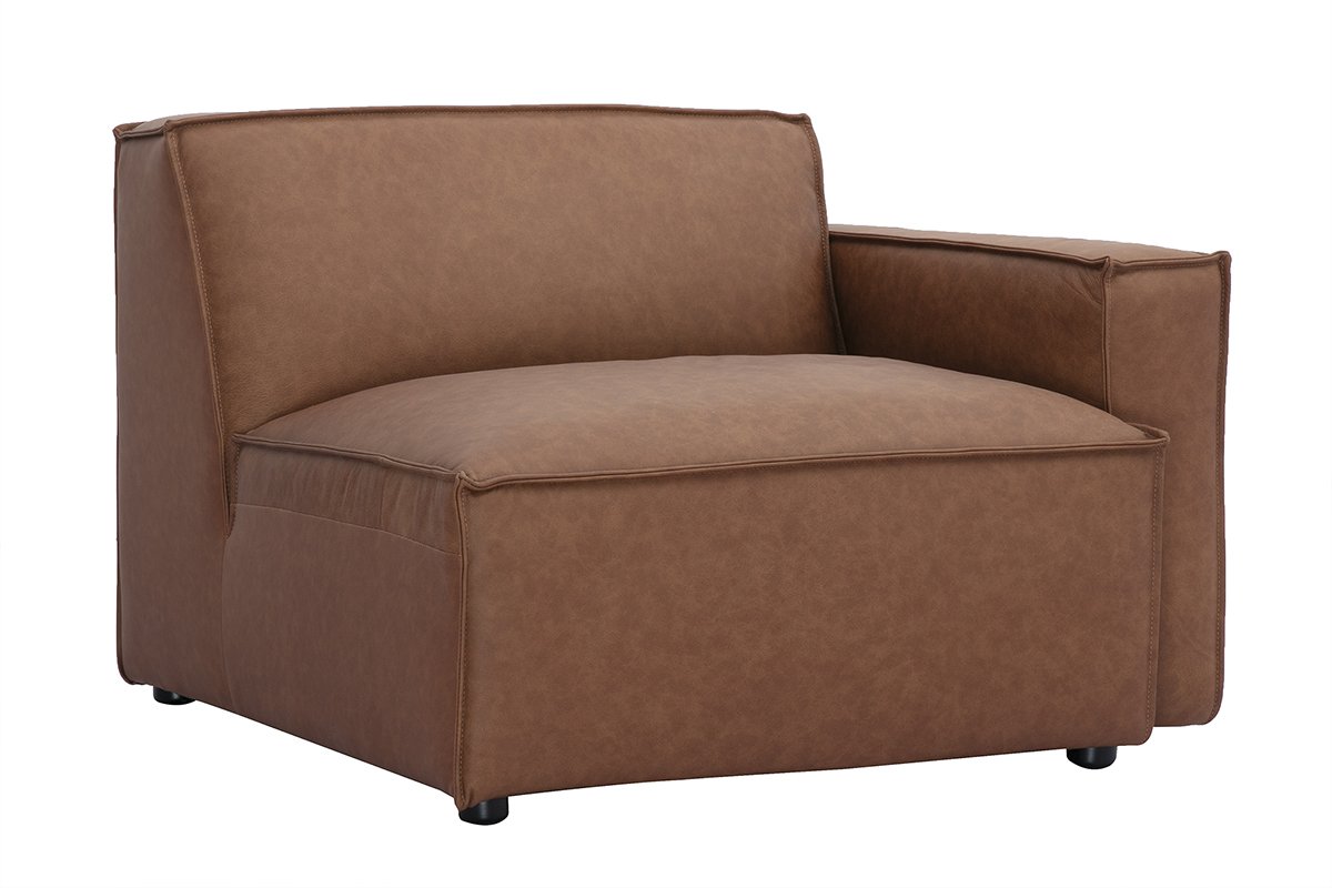 Module d'angle droit canap cuir marron SPLIT avec pieds noirs, vue de 3/4.