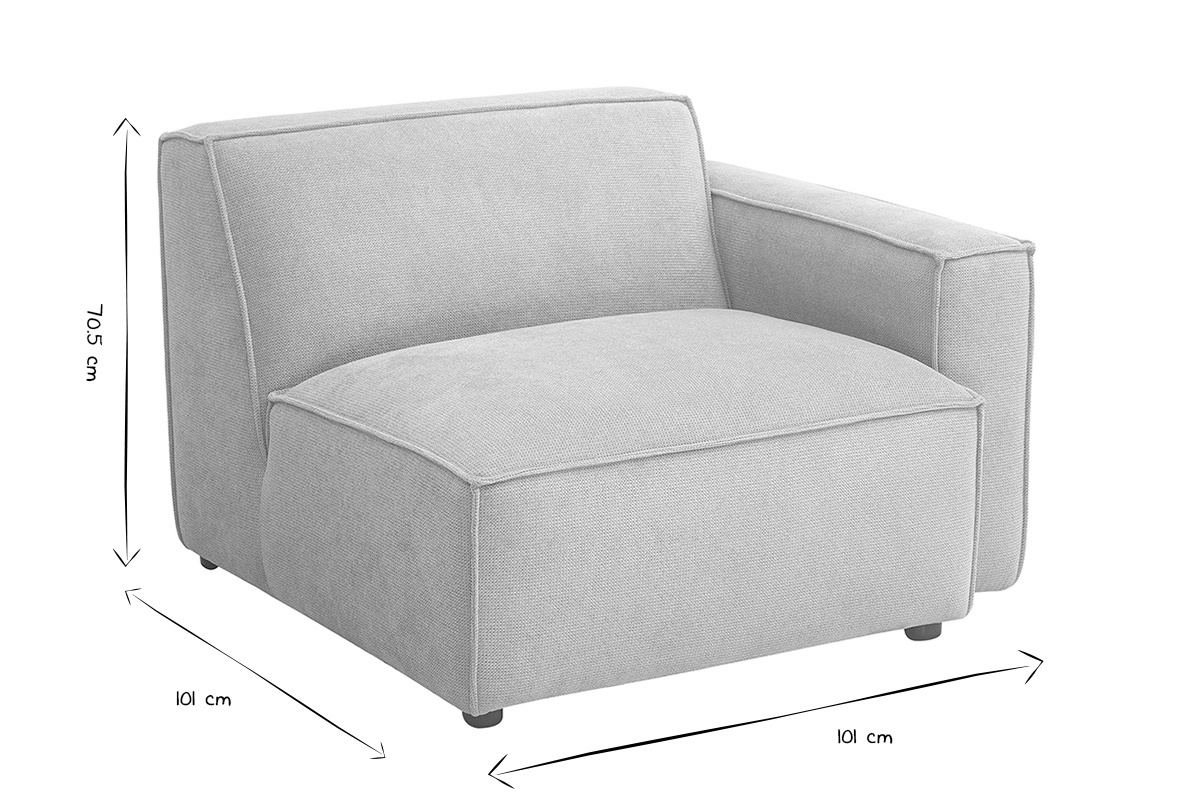 Module d'angle droit pour canap en tissu chenille beige montrant les dimensions L101 x P101 x H70.5 cm en noir et blanc.