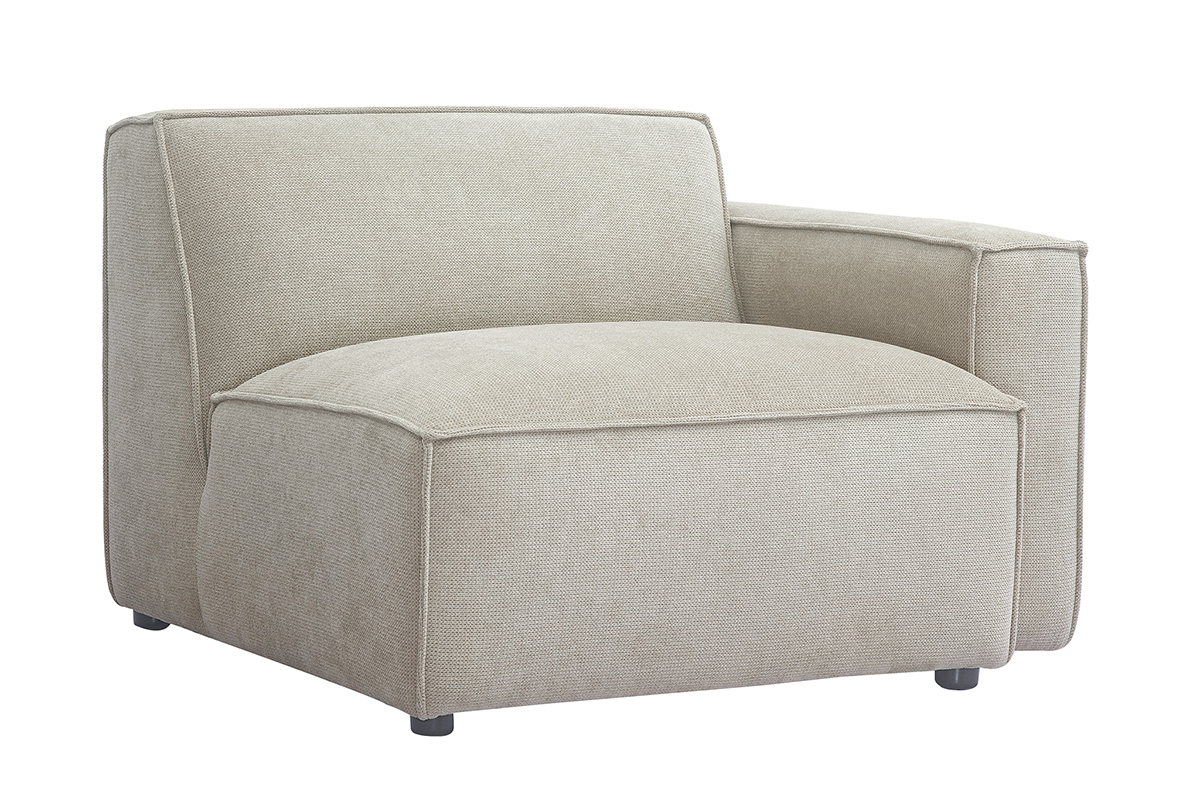 Module d'angle droit pour canap en tissu beige, vue de 3/4.