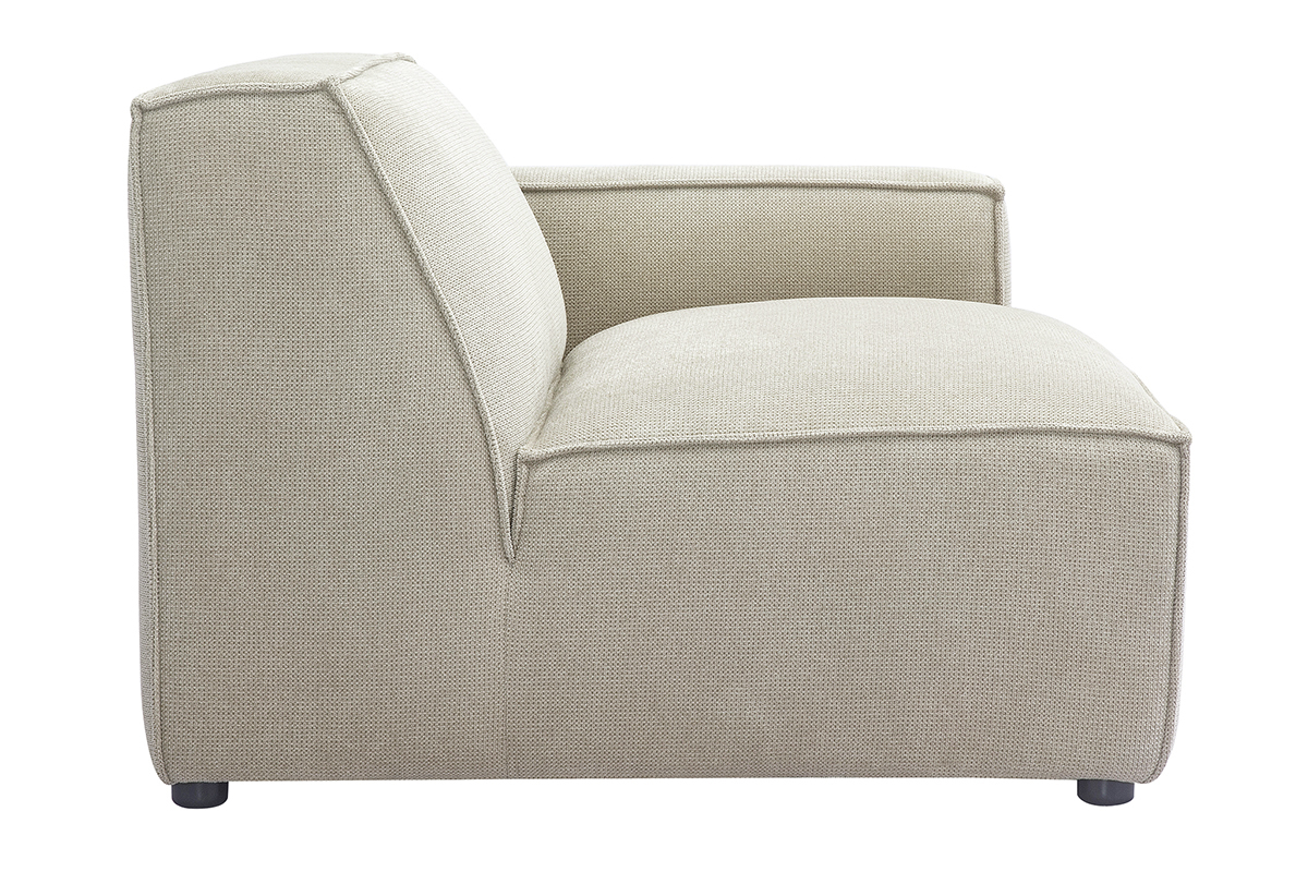 Vue latrale d'un module d'angle droit de canap en tissu chenille beige.