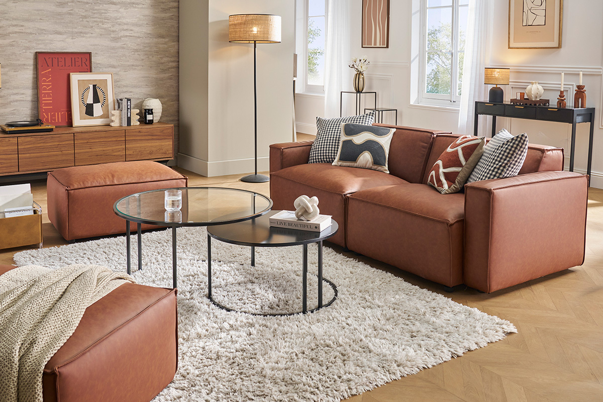 Intrieur moderne avec canap en cuir, table basse en verre et tapis blanc.