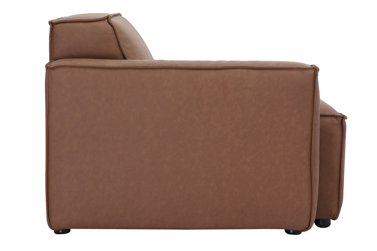 Module d'angle gauche pour canap en cuir marron SPLIT avec pieds noirs discrets, vue de profil