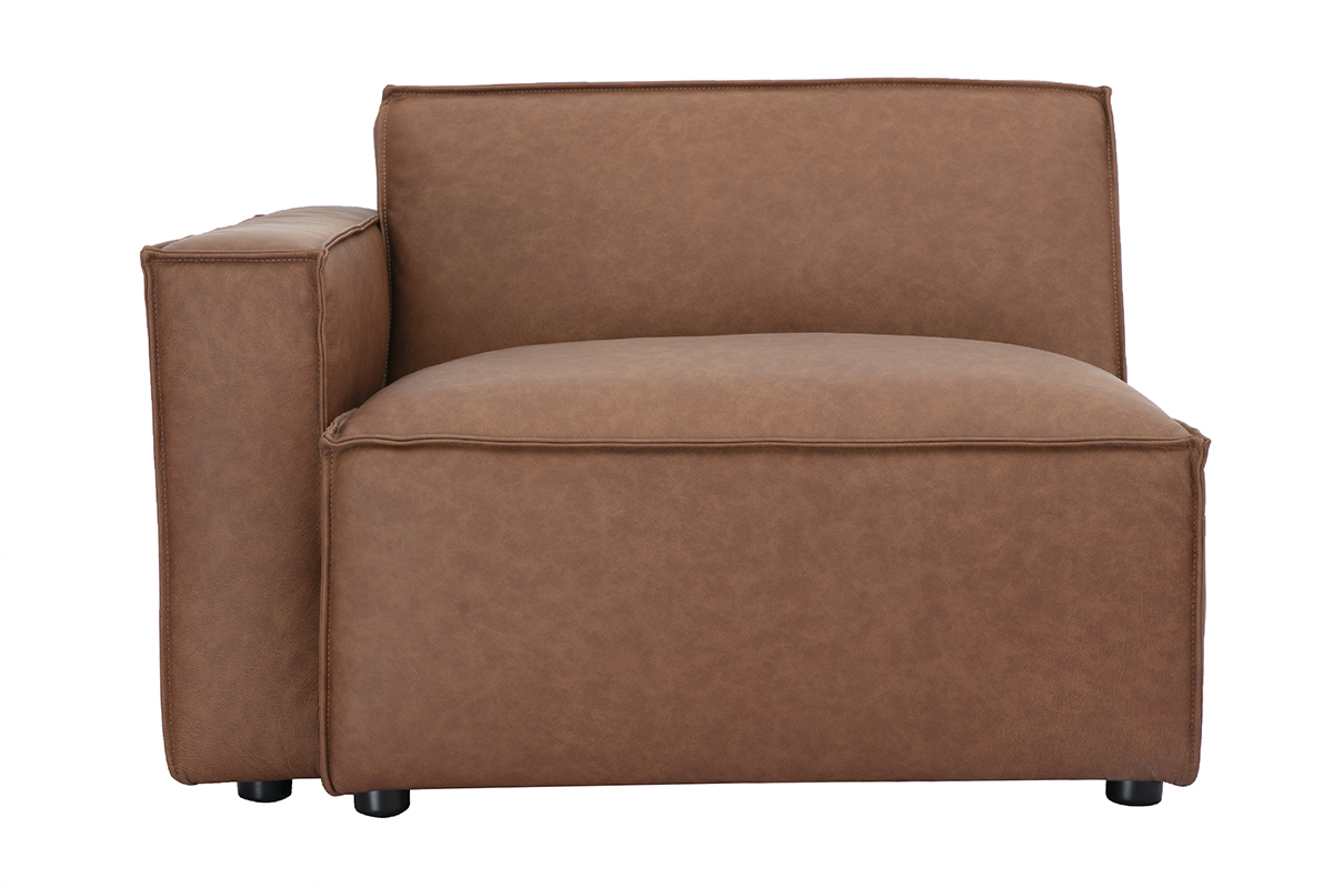 Module d'angle gauche en cuir marron pour canap SPLIT, style vintage, pieds noirs discrets.