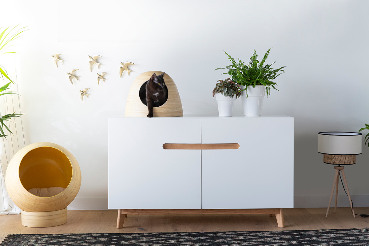 Niche design pour chat et petit chien en bambou int�rieur laqu� blanc L40 cm YODO
