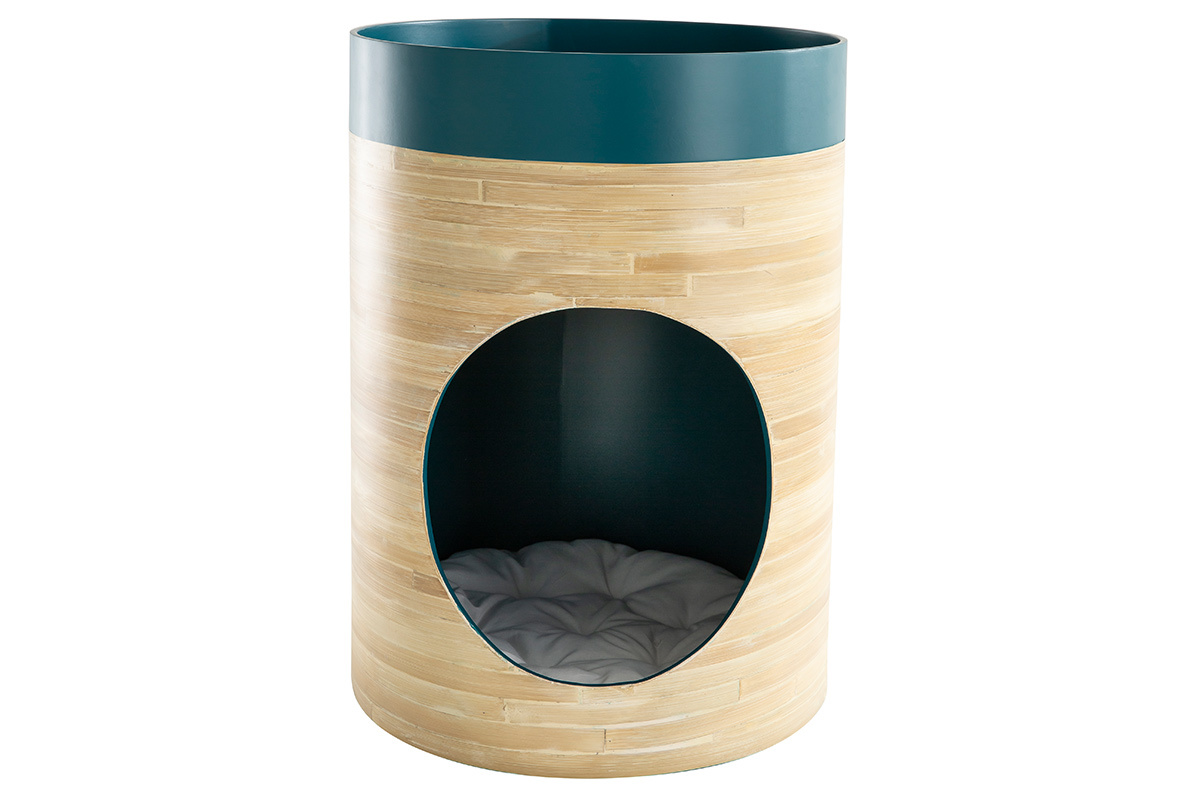 Niche design pour chat et petit chien en bambou naturel et laqu bleu canard L40 cm YUCCA