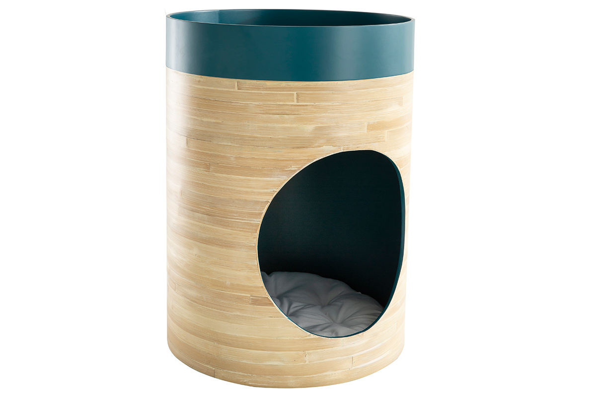 Niche design pour chat et petit chien en bambou naturel et laqu bleu canard L40 cm YUCCA