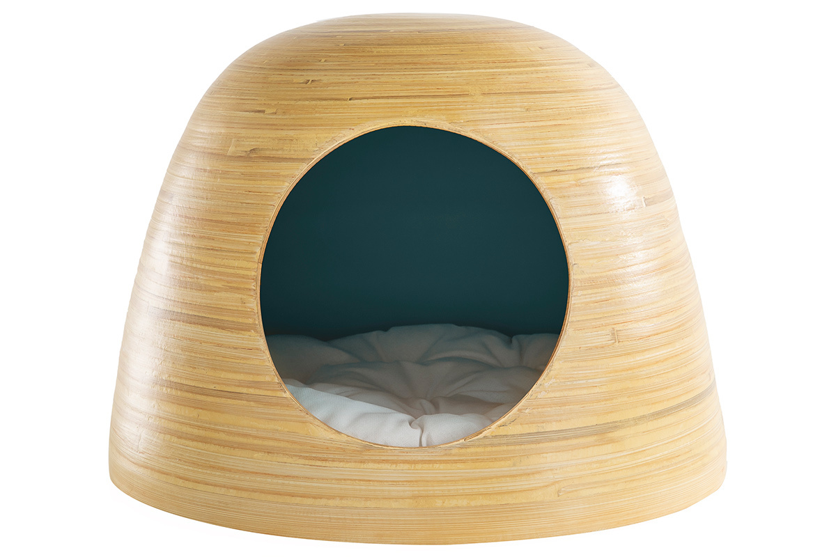 Niche pour chat et chien design en bambou laqu�e bleu canard YODO