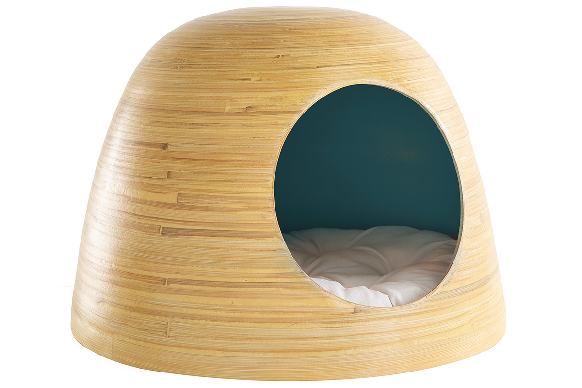 Niche pour chat et chien design en bambou laqu�e bleu canard YODO