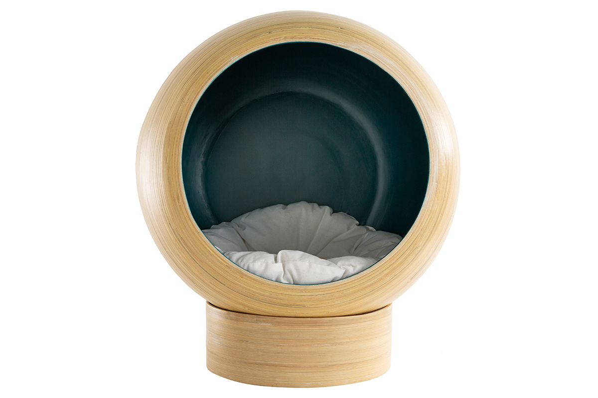 Niche pour chat et chien en bambou laqu�e bleu canard POPPINS