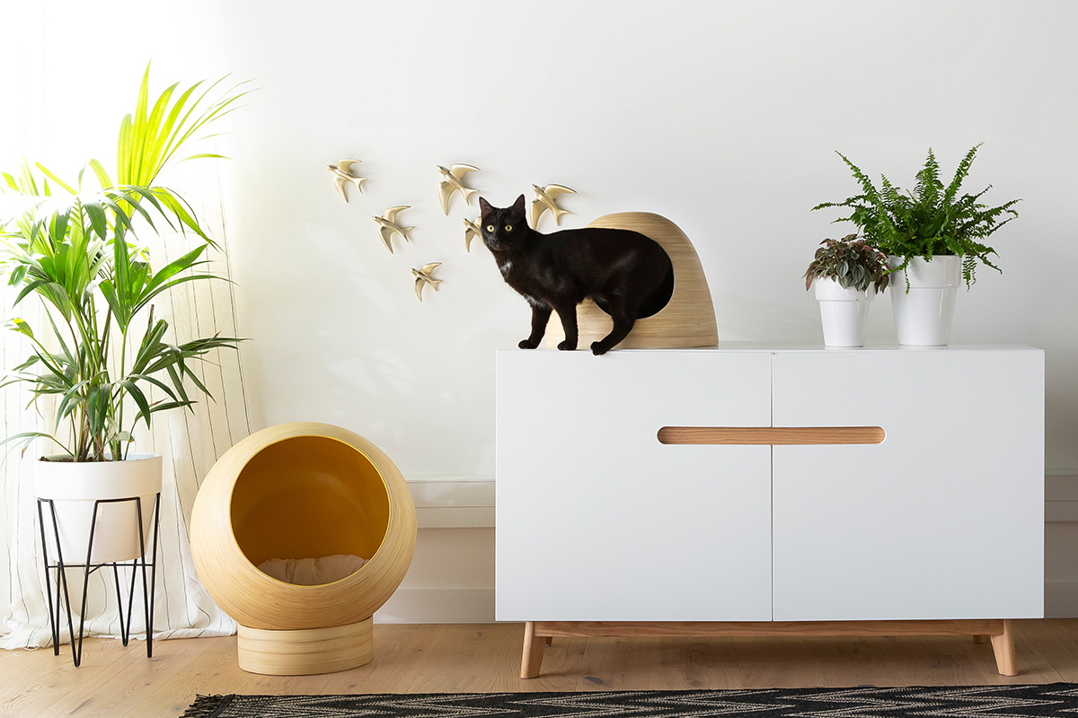 Niche pour chat et chien en bambou laqu�e bleu canard POPPINS