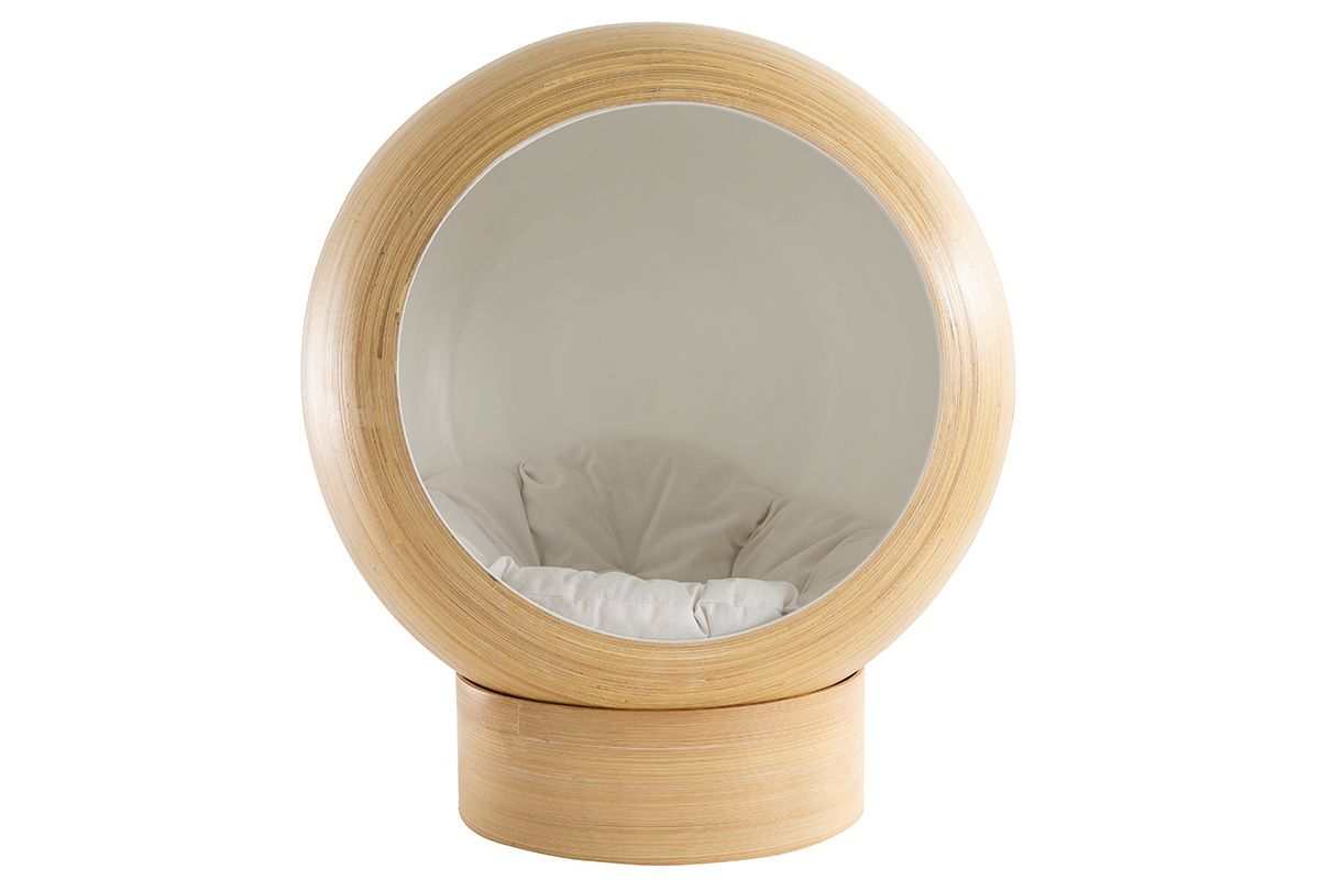 Niche ronde design pour chat et petit chien en bambou naturel et int�rieur laqu� blanc L50 cm POPPINS