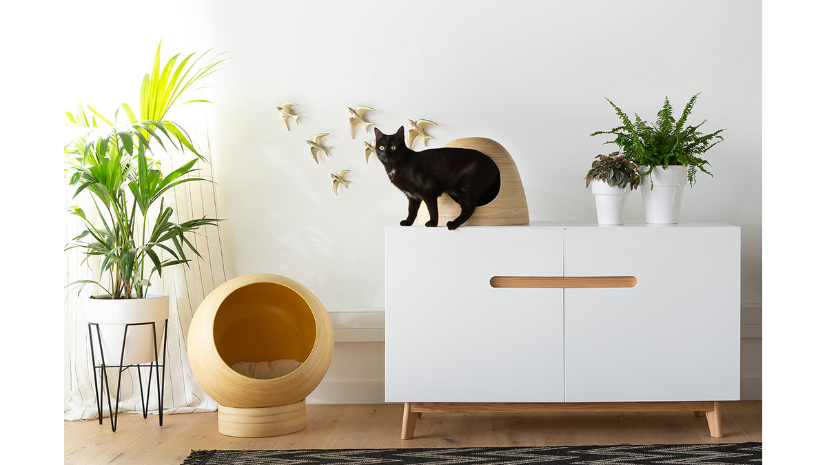 Niche ronde design pour chat et petit chien en bambou naturel et intrieur laqu blanc L50 cm POPPINS
