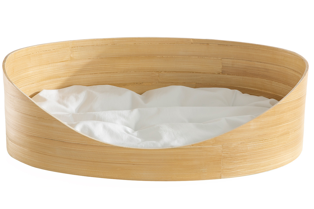 Panier design pour chat et petit chien en bambou avec coussin blanc L50 cm OBI