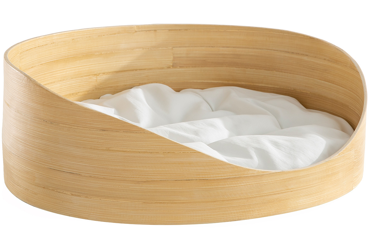 Panier design pour chat et petit chien en bambou avec coussin blanc L50 cm OBI