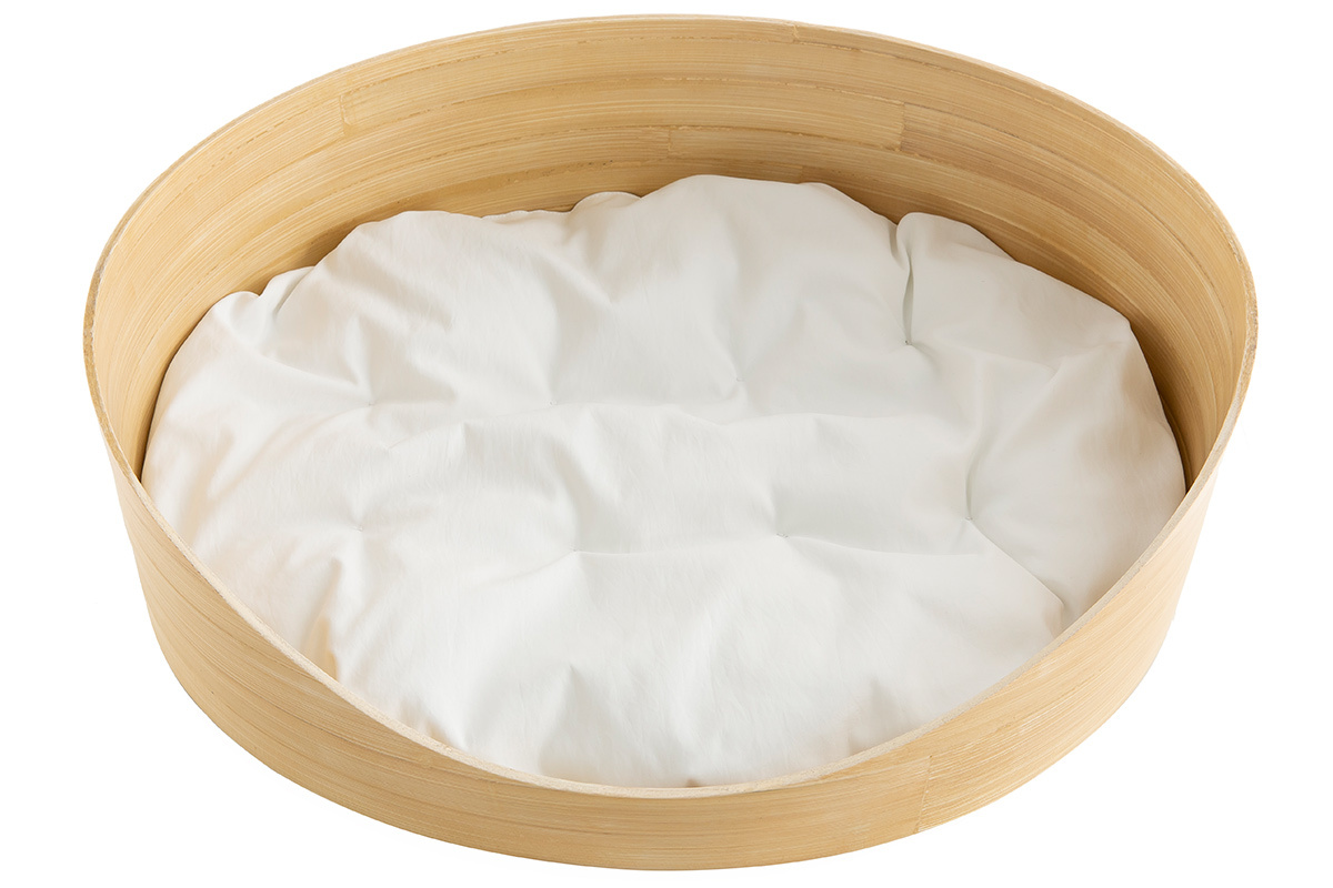 Panier design pour chat et petit chien en bambou avec coussin blanc L50 cm OBI
