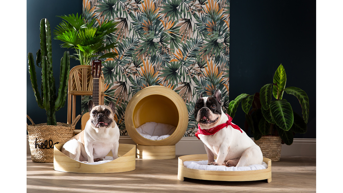 Panier design pour chat et petit chien en bambou avec coussin blanc L50 cm OBI