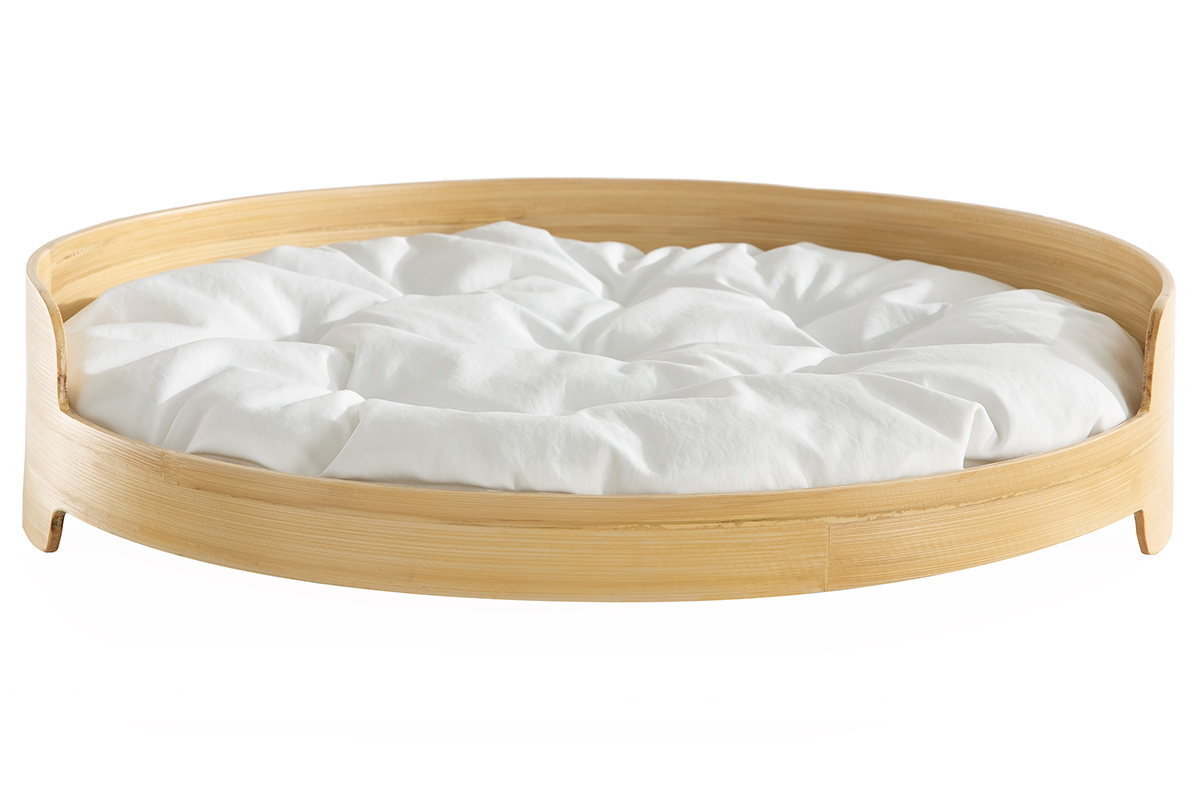 Panier lit design pour chat et petit chien en bambou naturel avec coussin blanc L50 cm GOA