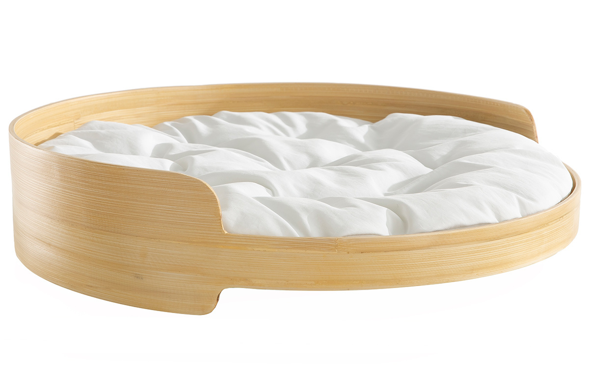 Panier lit design pour chat et petit chien en bambou naturel avec coussin blanc L50 cm GOA
