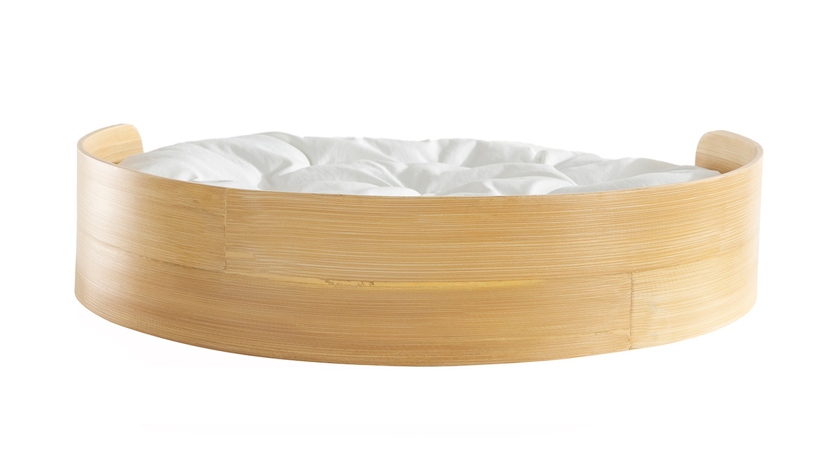 Panier lit design pour chat et petit chien en bambou naturel avec coussin blanc L50 cm GOA