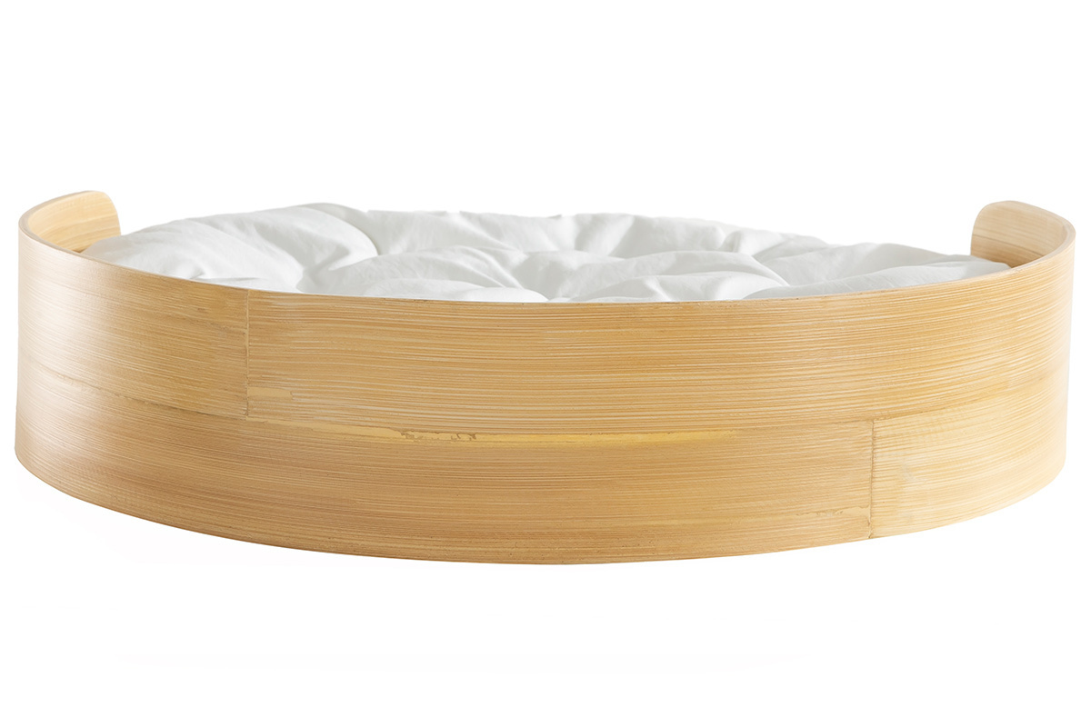 Panier lit design pour chat et petit chien en bambou naturel avec coussin blanc L50 cm GOA