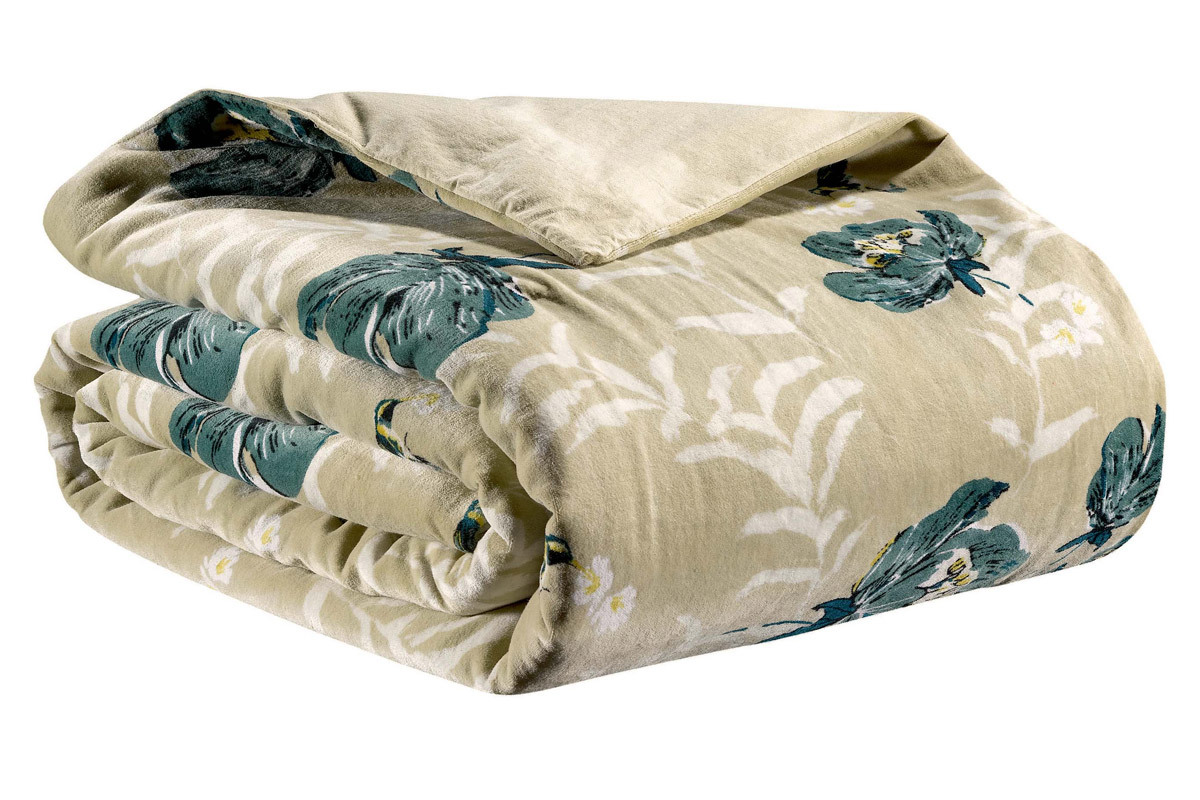 Plaid imprim� fleurs velours beige et vert 135 x 200 cm  FIORI