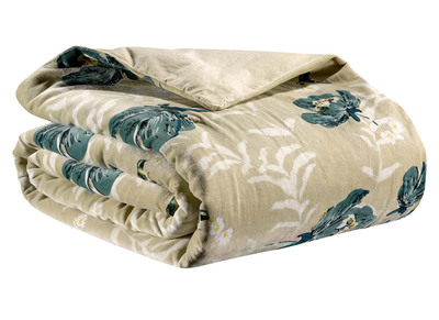 Plaid imprim&eacute; fleurs velours beige et vert 135 x 200 cm  FIORI
