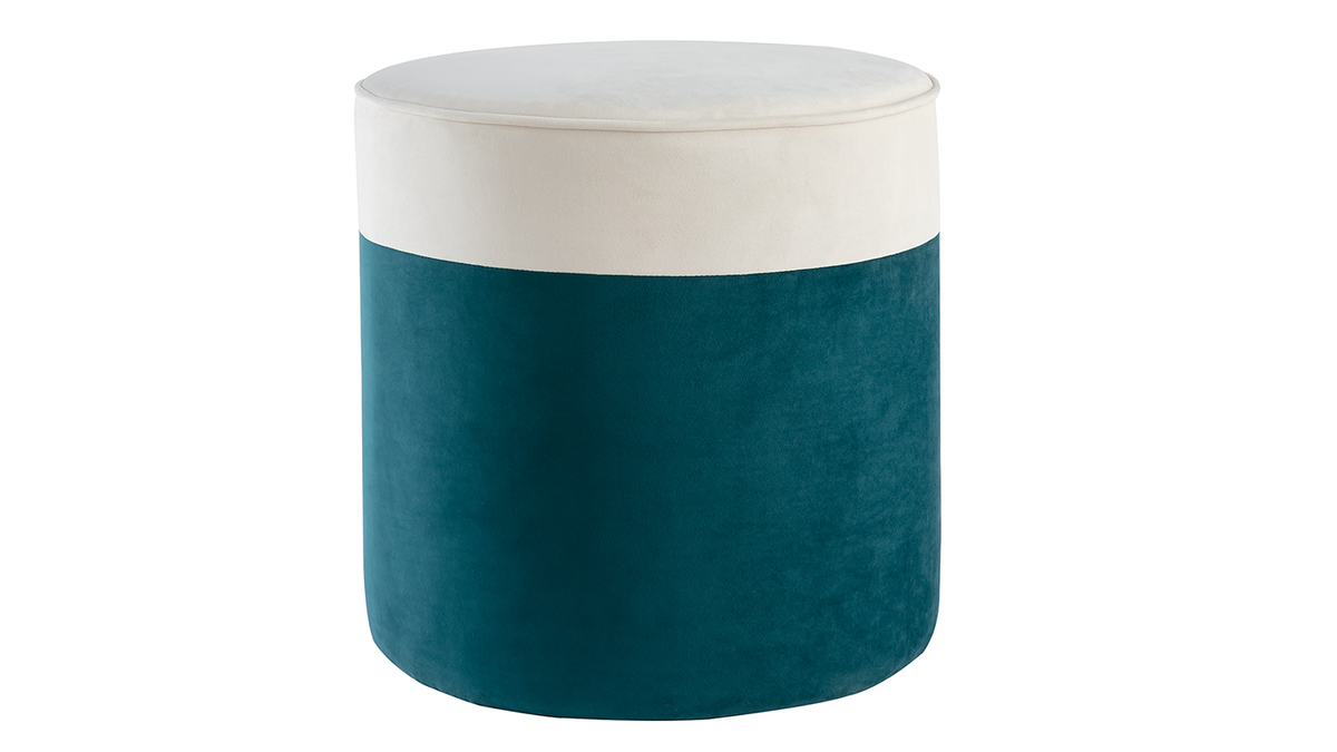Pouf design bicolore en tissu velours blanc crème et bleu paon D40 cm DAISY