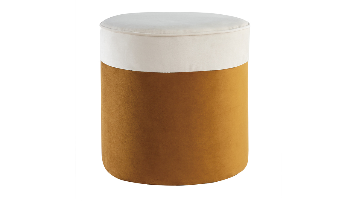 Pouf design bicolore en tissu velours blanc crème et jaune cumin D40 cm DAISY