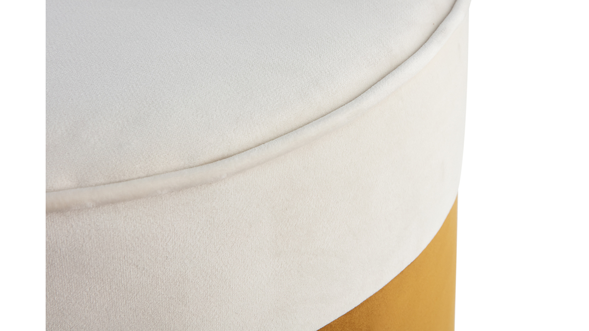 Pouf design bicolore en velours blanc crème et jaune cumin D40 cm DAISY