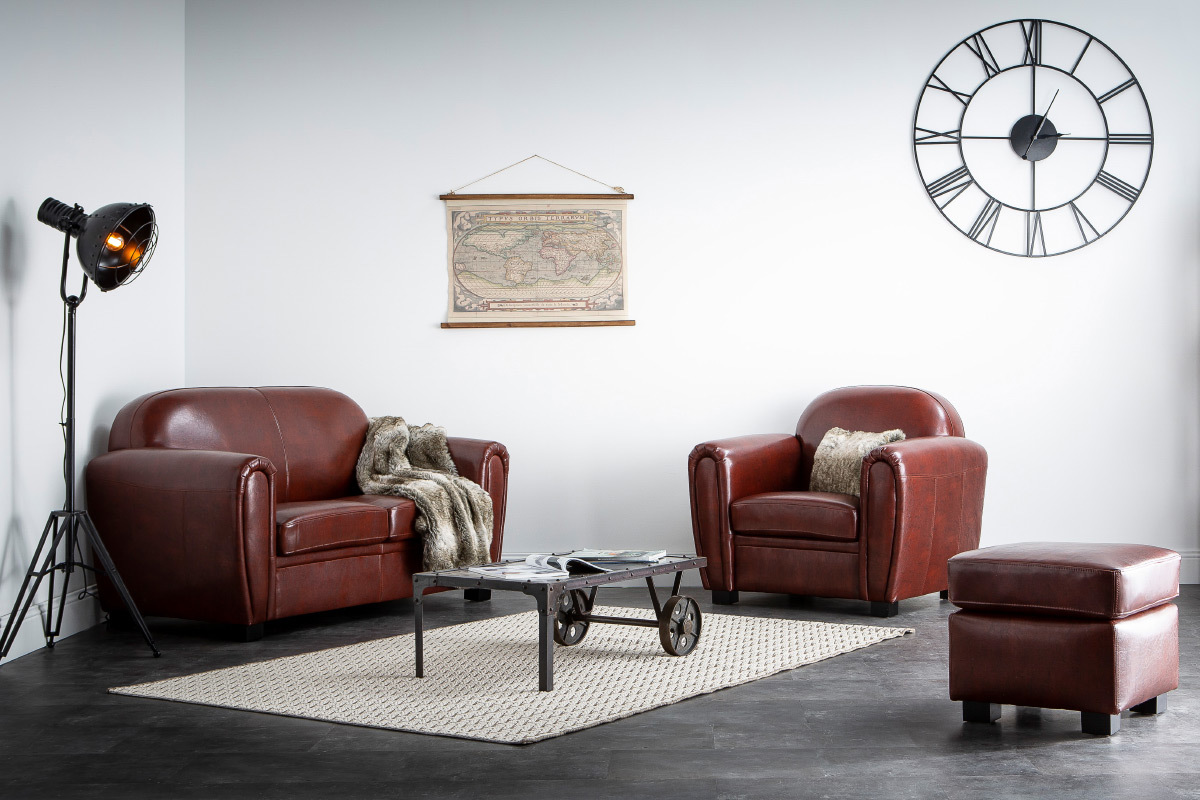 Pouf / repose pied Club cuir noir - cuir de buffle