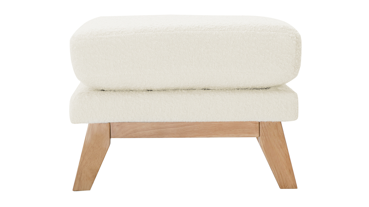Pouf repose-pieds déhoussable scandinave en tissu effet laine bouclée blanc cassé et bois clair OSLO