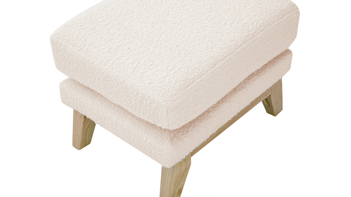 Pouf repose-pieds déhoussable scandinave en tissu effet laine bouclée blanc cassé et bois clair OSLO