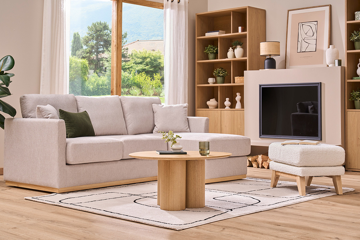 Pouf repose-pieds dhoussable scandinave en tissu effet laine boucle blanc cass et bois clair OSLO