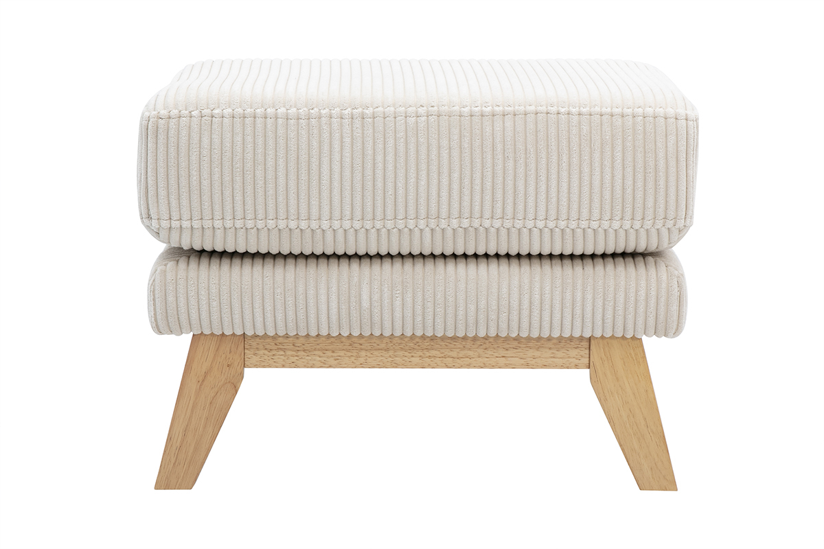 Pouf scandinave en tissu velours ctel beige et bois clair, modle dhoussable.