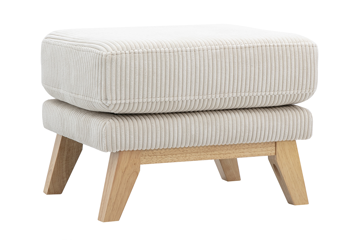 Pouf repose-pieds scandinave en tissu velours ctel beige et bois clair