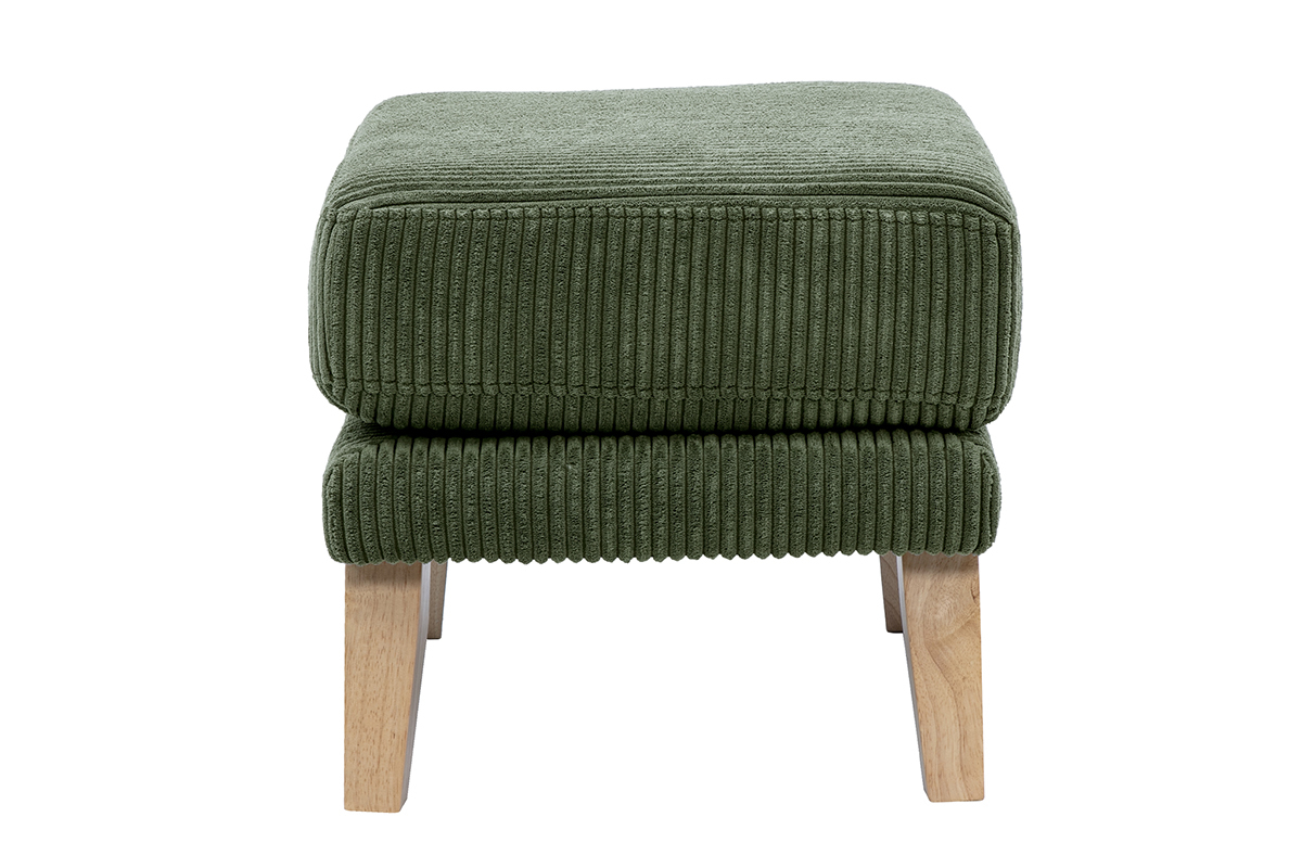 Pouf repose-pieds scandinave en velours ctel vert kaki et bois clair