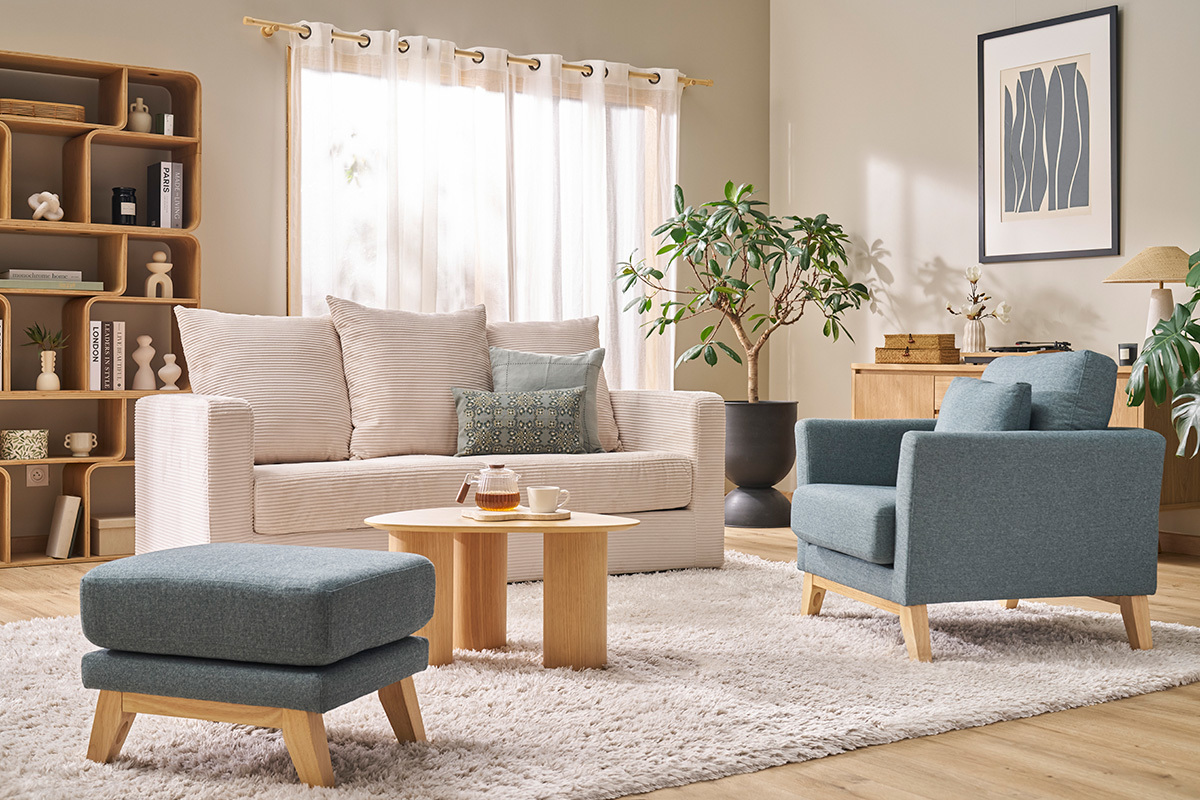 Pouf repose-pieds dhoussable scandinave en tissu vert de gris et bois clair OSLO