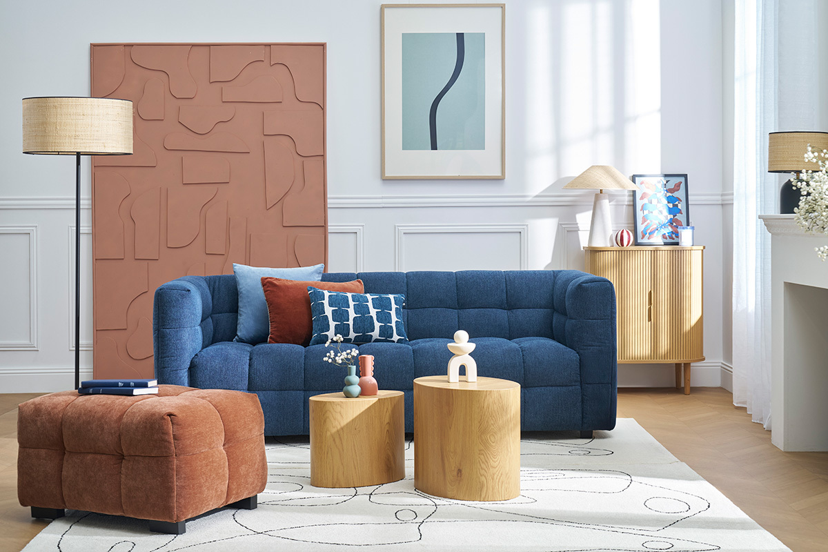 Pouf repose-pieds design en tissu effet velours terre brle CORTO