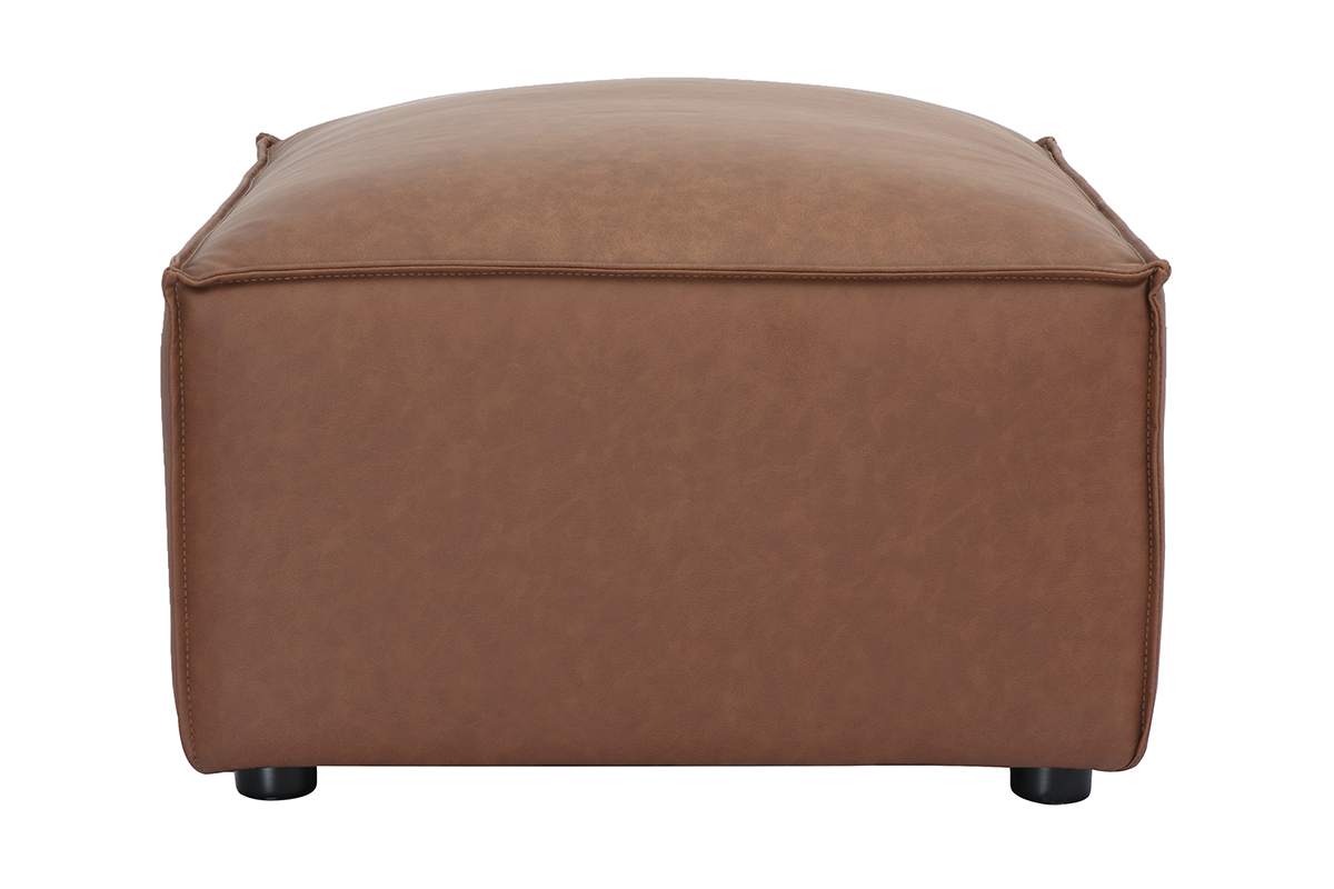 Pouf repose-pieds en cuir marron de forme rectangulaire, finitions coutures visibles, vue de profil.