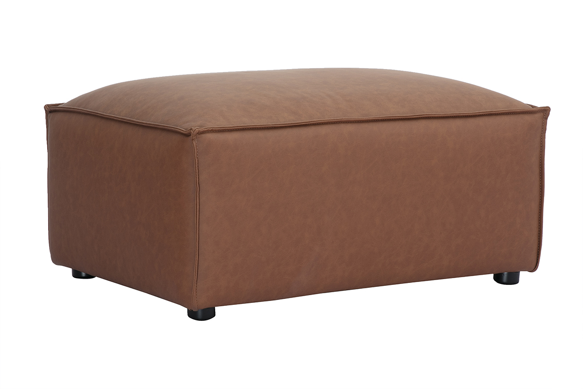 Pouf repose pieds en cuir marron avec coutures visibles, design rectangulaire. Vue de 3/4.