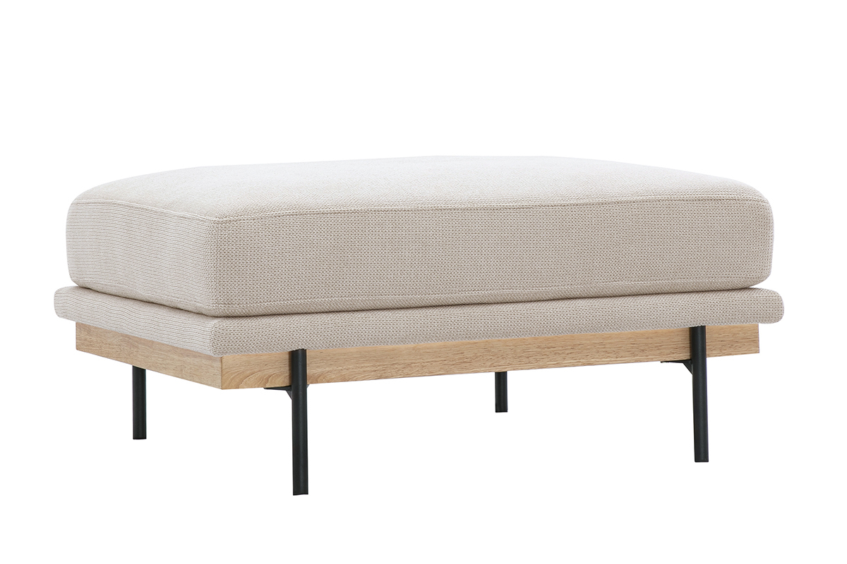 Pouf repose-pieds beige en tissu chenille et mtal noir, vue de 3/4.