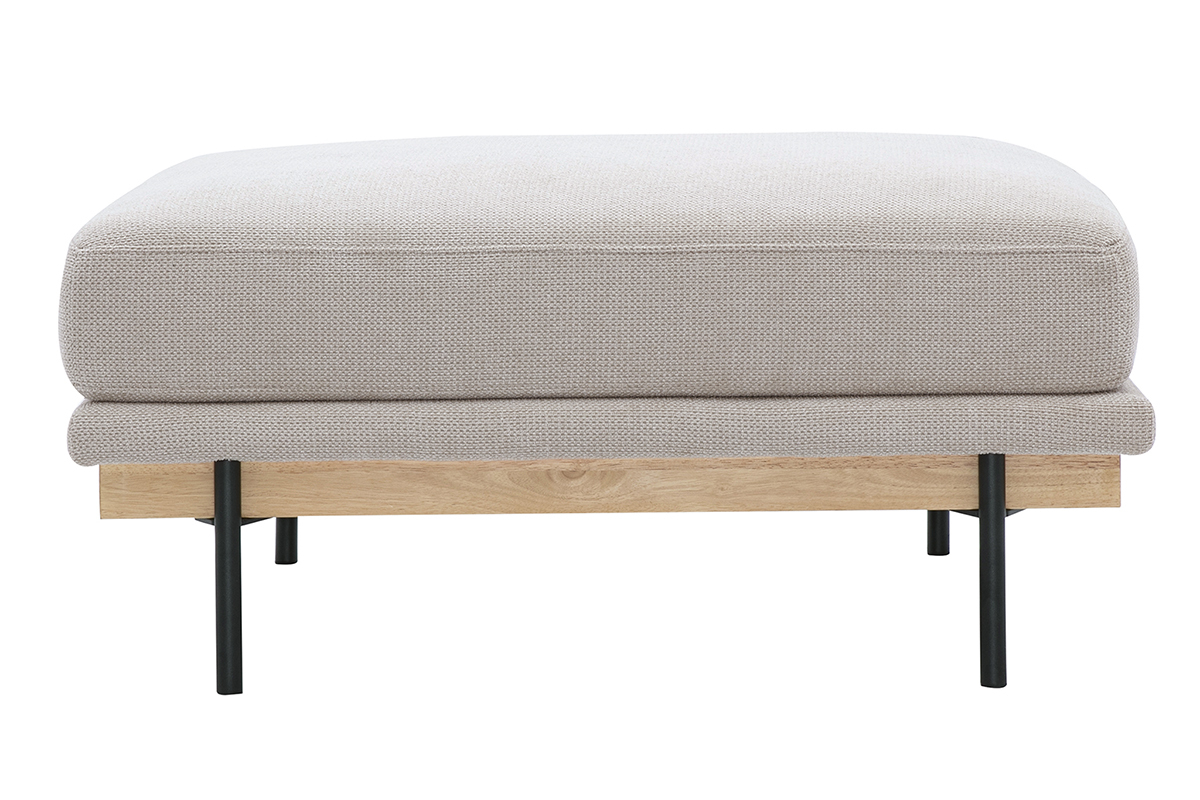 Pouf repose-pieds en tissu chenille beige, vue de face, pieds en mtal noir et bois.