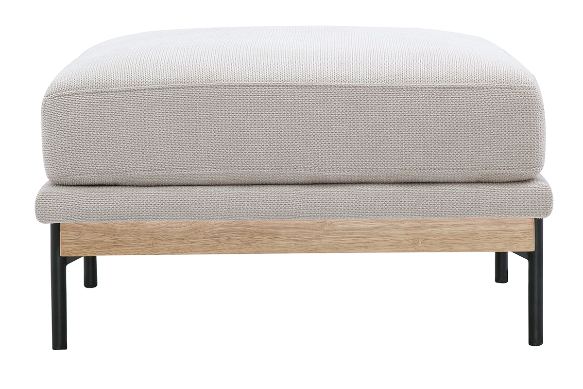 Pouf repose-pieds en tissu chenille beige et mtal noir, vue de profil.