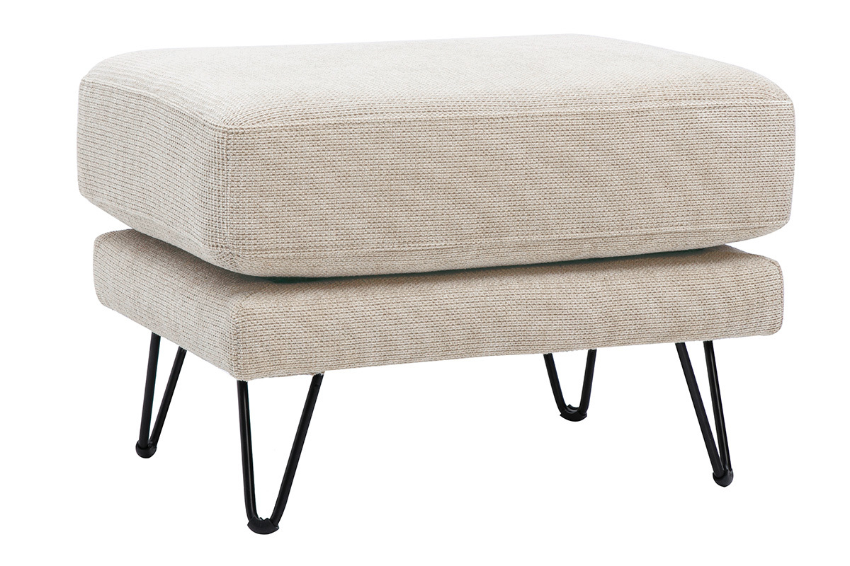 Pouf repose-pieds en tissu chenille beige et m�tal, vue de 3/4, avec pieds en �pingle � cheveux.