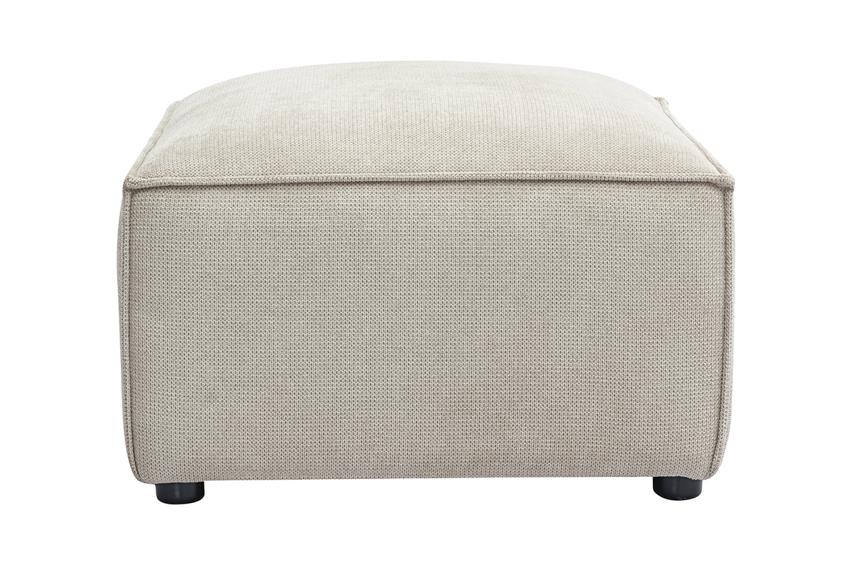 Pouf rectangulaire en tissu chenille beige, vue de profil.