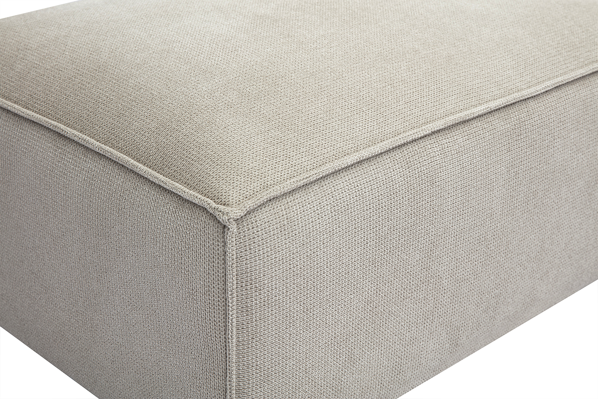 Pouf rectangulaire en tissu chenille beige, vue de dtail du coin.