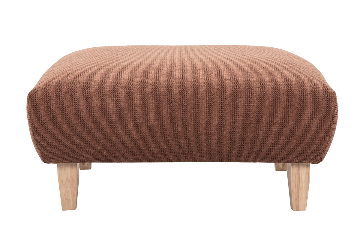 Pouf carr� en tissu chenille terre br�l�e avec pieds en bois clair, vue de face.