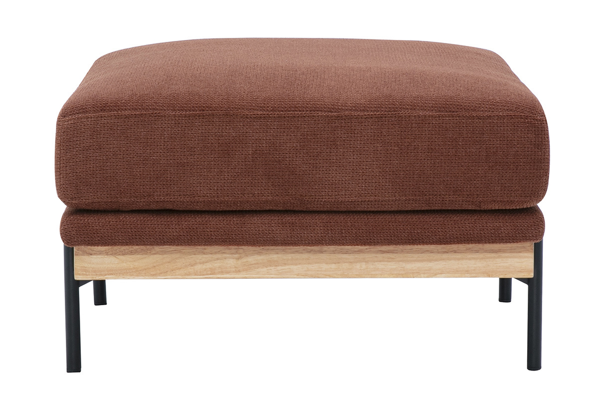 Pouf repose-pieds TODD en tissu chenille terre br�l�e avec pieds en m�tal noir, vue de profil.