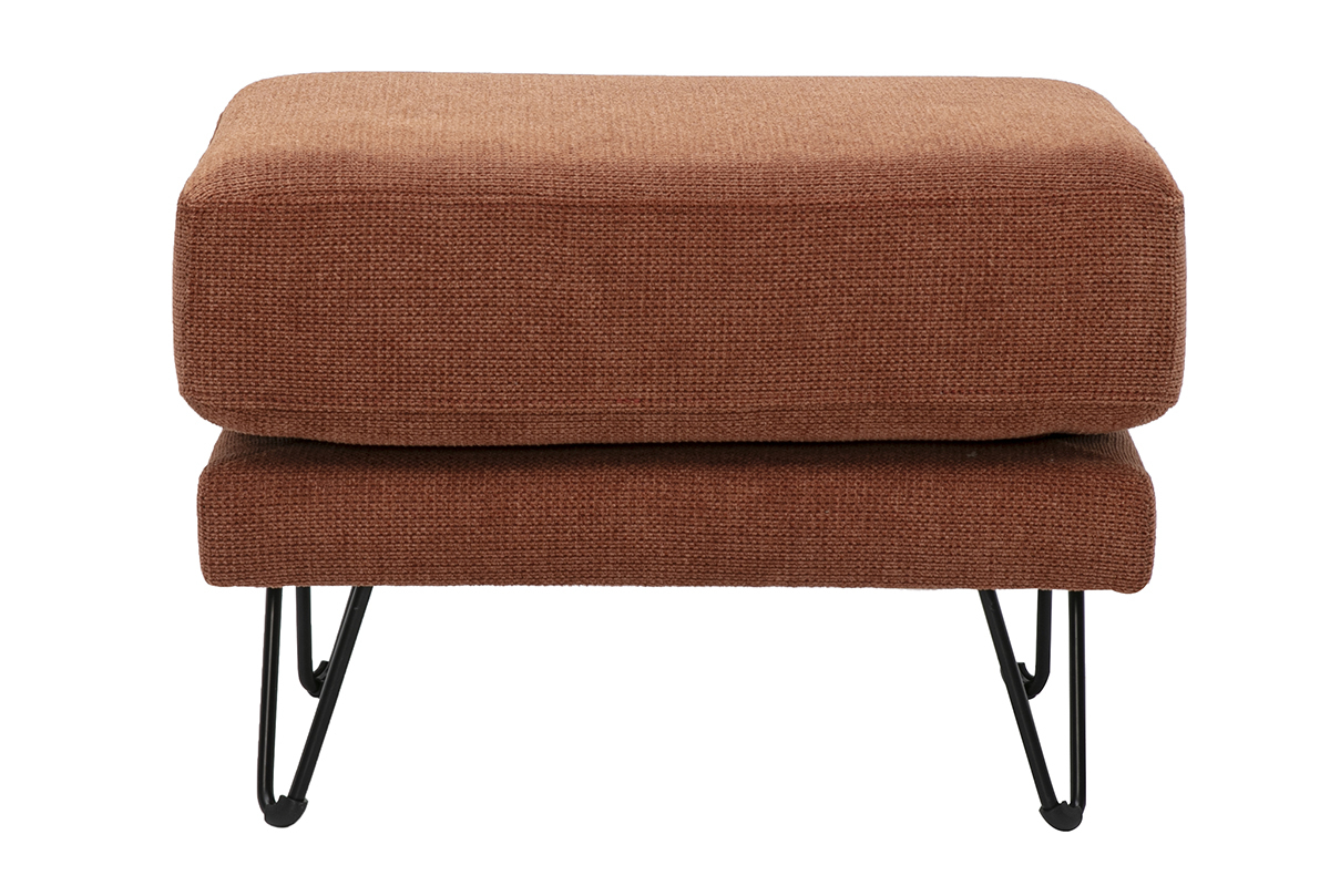 Pouf repose-pieds en tissu chenille terre br�l�e avec pieds en m�tal, vue de face.