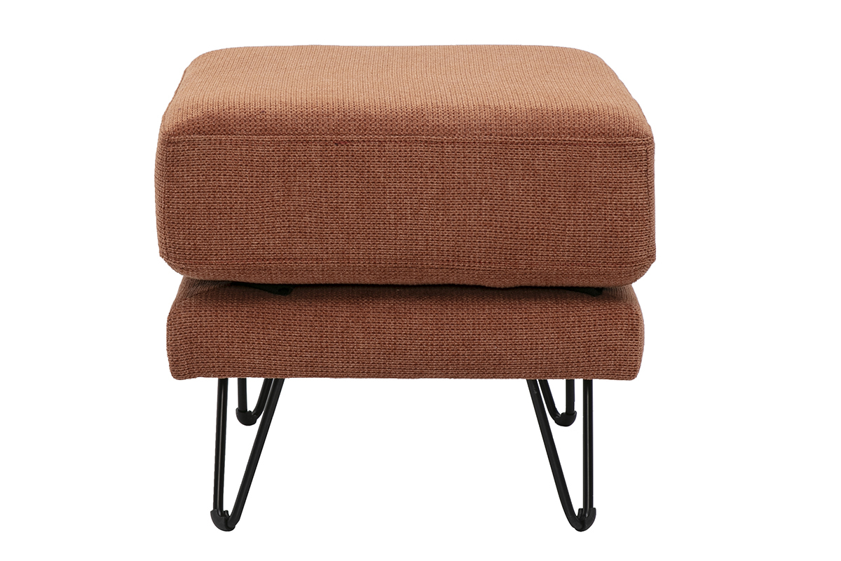 Pouf repose-pieds OSLO en tissu chenille terre br�l�e et m�tal, vue de profil.